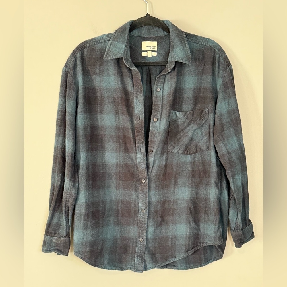 Wilfred Free Plaid Flannel Button-Up Shirt in Dark Green-Blue (Size S)